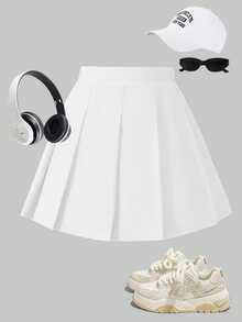 SHEIN Girls' Elegant Pleated High-Waisted Skirt With Built-In Safety Shorts, 2-In-1 Skirt Pants, Versatile All-Season Piece, Can Be Paired With Shirts, Short/Long Sleeve T-Shirts, Polo Shirts, Sweatshirts, Baseball Jackets, Coats, Autumn/Winter, Thermal Lined And Thickened - White - View 5