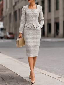 SHEIN Elenzya Women's Plaid Elegant Office 2 Pieces Set Tweed White Thread Suit With Pear Button Cardigan Slim Jacket And Elastic Waist Bodycon Skirt - Light Coffee - View 5