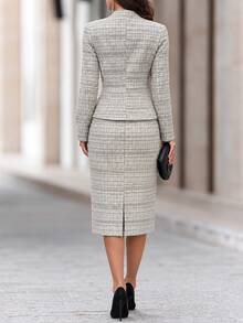 SHEIN Elenzya Women's Plaid Elegant Office 2 Pieces Set Tweed White Thread Suit With Pear Button Cardigan Slim Jacket And Elastic Waist Bodycon Skirt - Light Coffee - View 2