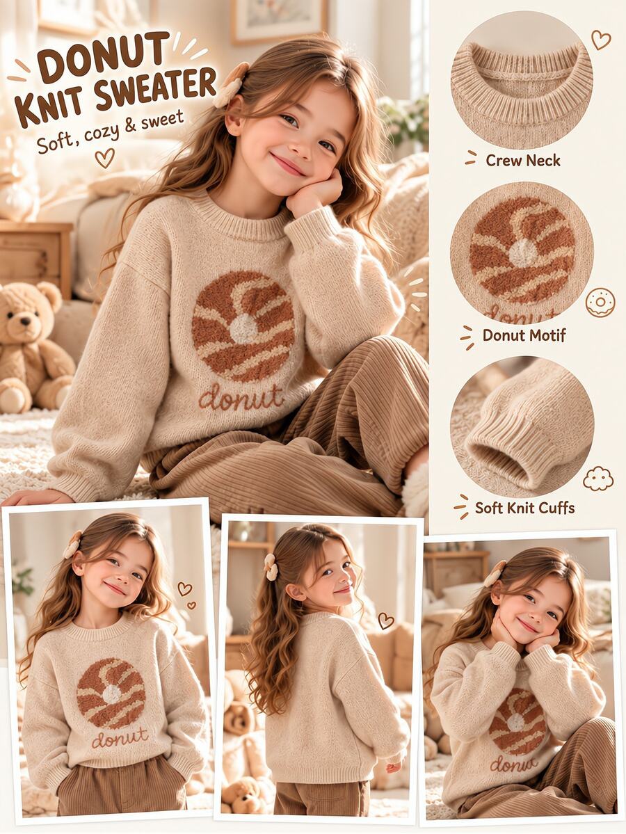 女童甜甜圈與字母圖案針織毛衣 秋冬款 - 卡其色 - 查看 1