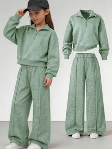 SHEIN Sparklyn 女童休閒兩件套，長袖抓絨，春秋冬季穿搭，紐約字母印花立領衛衣與短褲 - 綠色 - 查看 1