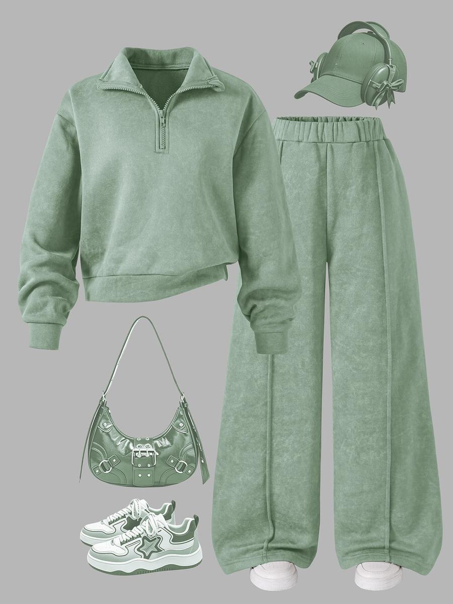 SHEIN Sparklyn Girls' Casual 2 Pieces Set, Long Sleeve, Fleece, Fall Outfits, Spring/Autumn/Winter, New York Letter Print Stand Collar Sweatshirt And Shorts - Green - View 1