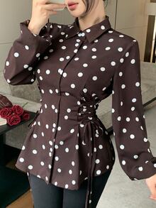 Modelyn Blus Wanita Motif Polka Lengan Panjang Kancing Tunggal dengan Tali Serut di Pinggang, Pakaian Musim Gugur Modis untuk Wanita, Desain Kasual Serbaguna untuk Aktivitas Sehari-hari - Coklat - View 4