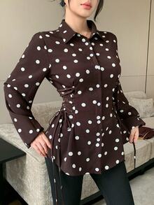 Modelyn Blus Wanita Motif Polka Lengan Panjang Kancing Tunggal dengan Tali Serut di Pinggang, Pakaian Musim Gugur Modis untuk Wanita, Desain Kasual Serbaguna untuk Aktivitas Sehari-hari - Coklat - View 5