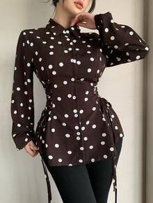 Modelyn Blus Wanita Motif Polka Lengan Panjang Kancing Tunggal dengan Tali Serut di Pinggang, Pakaian Musim Gugur Modis untuk Wanita, Desain Kasual Serbaguna untuk Aktivitas Sehari-hari - Coklat - View 3