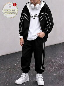 青少年男孩運動街頭風帥氣時尚連帽拉鍊外套 畢業跑步款 黑白配色 秋季 - 彩色 - 查看 6