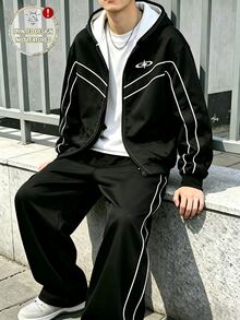 青少年男孩運動街頭風帥氣時尚連帽拉鍊外套 畢業跑步款 黑白配色 秋季 - 彩色 - 查看 7