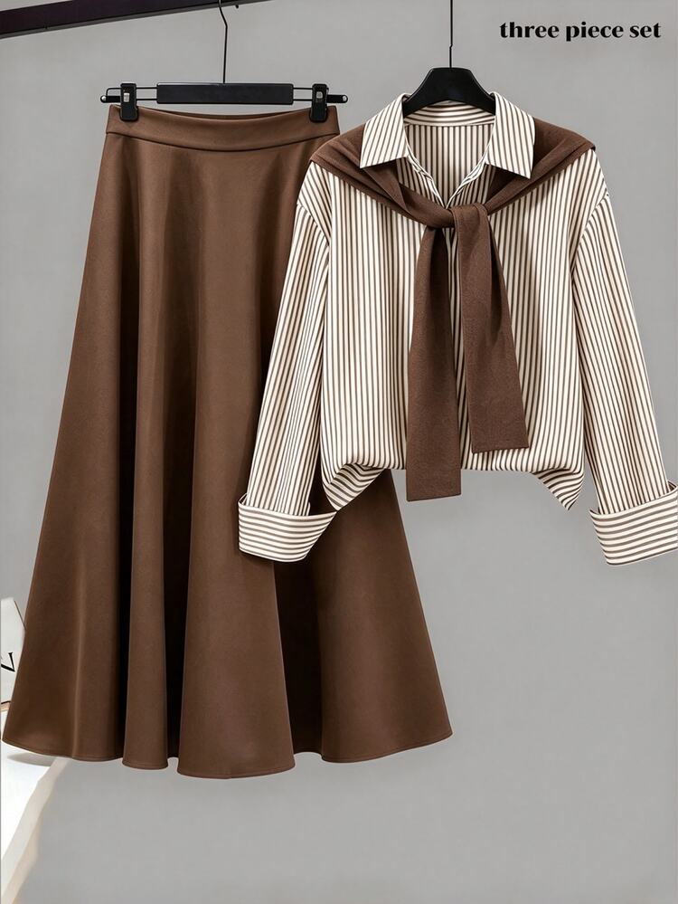 Franclia Women's Striped Minimalist Long Sleeve Shirt And Solid Color Midi Skirt Set - Brown - View 1