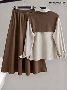 Franclia Women's Striped Minimalist Long Sleeve Shirt And Solid Color Midi Skirt Set - Brown - View 2