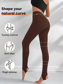 SHEIN Unity Women's Solid Color Casual Versatile Daily Wear Tight Leggings - Brown - View 2