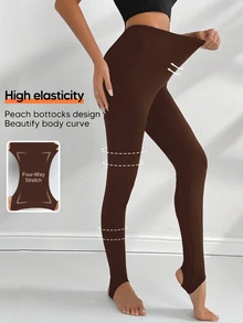SHEIN Unity Women's Solid Color Casual Versatile Daily Wear Tight Leggings - Brown - View 5