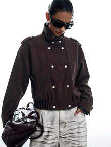 LYSMO Women's Vintage High Neck Button Pocket Long Sleeve Jacket Fall Clothes For Women Going Out Jacket - Brown - View 1