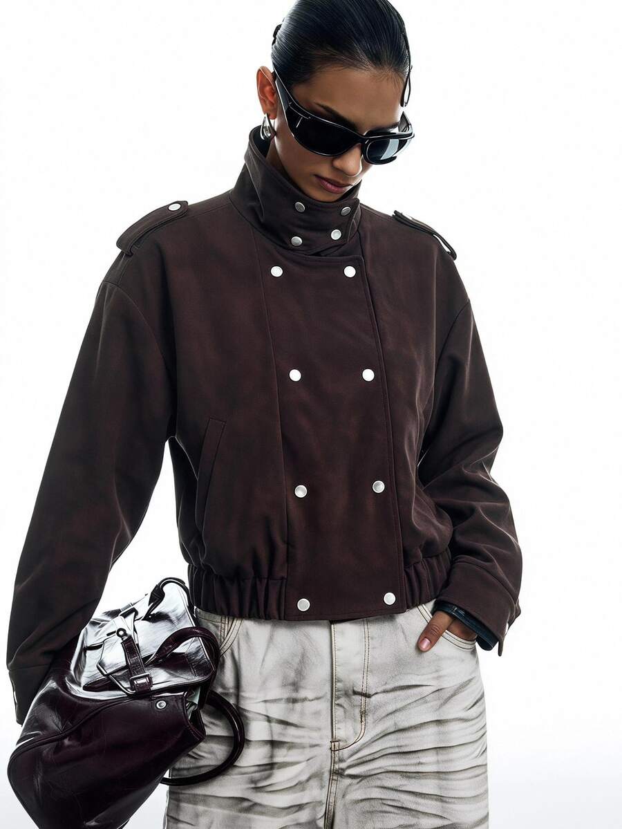 LYSMO Women's Vintage High Neck Button Pocket Long Sleeve Jacket Fall Clothes For Women Going Out Jacket - Brown - View 1