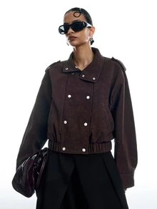LYSMO Women's Vintage High Neck Button Pocket Long Sleeve Jacket Fall Clothes For Women Going Out Jacket - Brown - View 5