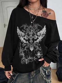 Coolane 女款秋冬街頭風外穿水洗磨損金屬孔眼復古寬鬆運動衫，Grunge Goth Y2K 風格 - 黑色 - 查看 4