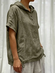 Weeklong White Cotton-Linen Hooded Short-Sleeve Button-Up Shirt, Plus Size, Loose Fit, Casual Resort, Summer Pastoral Style Chic - Army Green - View 3