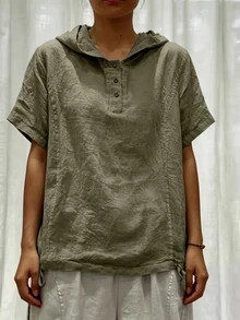 Weeklong White Cotton-Linen Hooded Short-Sleeve Button-Up Shirt, Plus Size, Loose Fit, Casual Resort, Summer Pastoral Style Chic - Army Green - View 4