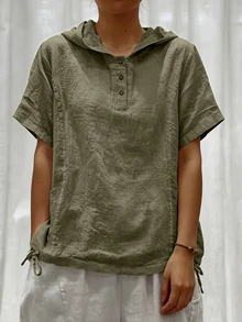 Weeklong White Cotton-Linen Hooded Short-Sleeve Button-Up Shirt, Plus Size, Loose Fit, Casual Resort, Summer Pastoral Style Chic - Army Green - View 5
