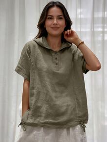 Weeklong White Cotton-Linen Hooded Short-Sleeve Button-Up Shirt, Plus Size, Loose Fit, Casual Resort, Summer Pastoral Style Chic - Army Green - View 1