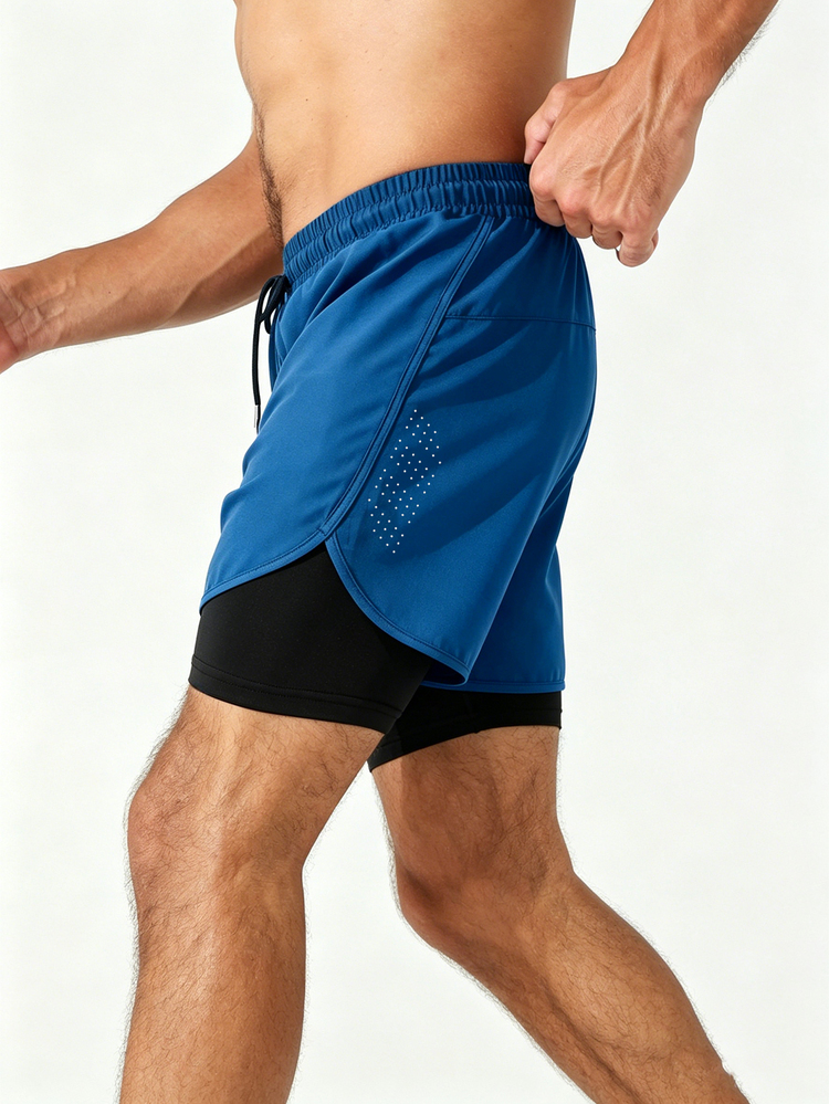 Coreblaze Manfinity Fitness Men Drawstring Waist 2 In 1 Sports Stretchy Shorts With Phone Pocket Gym Shorts Short Men Shorts Men Basketball Shorts Hand Sanitizer School - Royal Blue - View 5