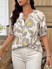 Weeklong Plus Size Women's Cutout Neck Elastic Cuff Floral Print Casual Vacation Shirt, Spring/Summer Chic - Multicolor - View 4