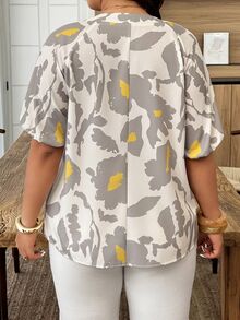 Weeklong Plus Size Women's Cutout Neck Elastic Cuff Floral Print Casual Vacation Shirt, Spring/Summer Chic - Multicolor - View 2