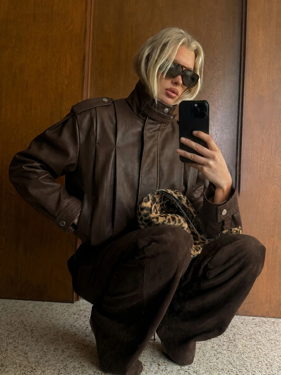 Anewsta Women's Vintage Faux Leather Moto Bomber Jacket High Neck Zip Up Oversized Coat - Brown - View 1