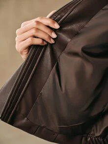 Anewsta Women's Vintage Faux Leather Moto Bomber Jacket High Neck Zip Up Oversized Coat - Brown - View 8