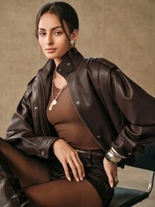 Anewsta Women's Vintage Faux Leather Moto Bomber Jacket High Neck Zip Up Oversized Coat - Brown - View 3