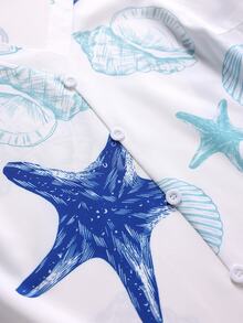 Weeklong Plus Size Women Spring/Summer Ocean Element Print Cap Sleeve Casual Vacation Shirt Chic - Blue and White - View 4