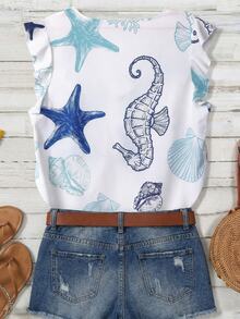 Weeklong Plus Size Women Spring/Summer Ocean Element Print Cap Sleeve Casual Vacation Shirt Chic - Blue and White - View 2