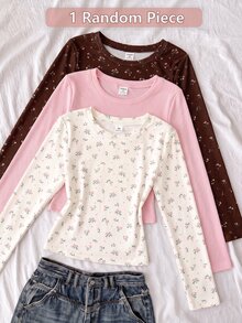 SHEIN Sparklyn Tween女孩圓領長袖修身小碎花T恤，休閒日常上衣，秋季 - 白色 - 查看 2