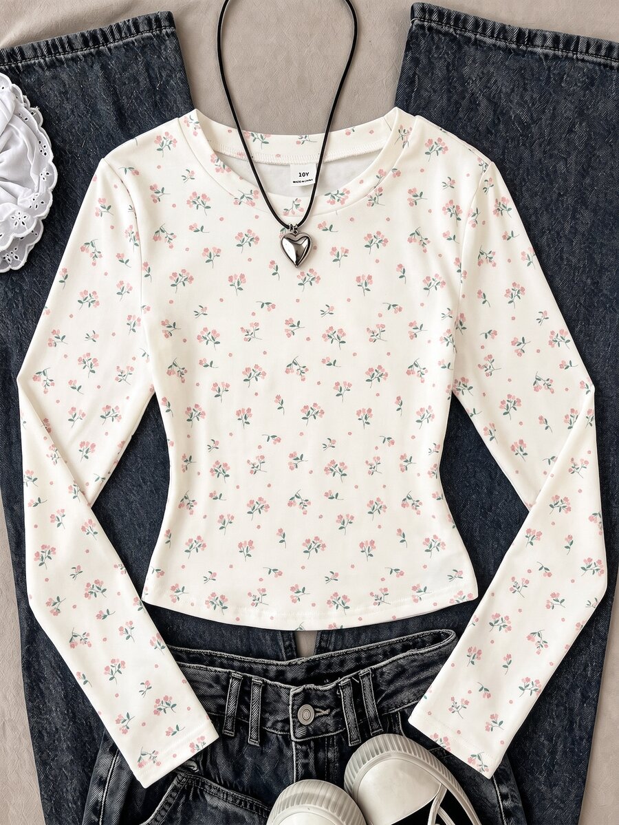 SHEIN Sparklyn Tween女孩圓領長袖修身小碎花T恤,休閒日常上衣,秋季 - 白色 - 查看 1