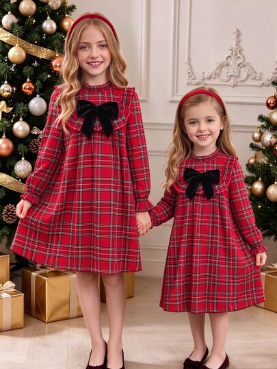 SHEIN Girls' Red Plaid Mid-Length Long Sleeve Dress, Little Girl Stand Collar Ruffle Dress With Black Velvet Big Bow, Ruffle Bell Sleeve Loose A-Line Skirt, Children's Autumn/Winter Dress, Suitable For Tween GirlsChristmas, New Year Party, Birthday Dress