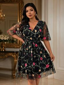 Femmeverse Plus Size Women's Sheer Embroidered Mesh Ruffle Short Sleeve Dress Cocktail Party Black Summer Romantic Celestial - Multicolor - View 6