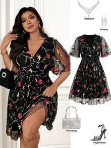 Femmeverse Plus Size Women's Sheer Embroidered Mesh Ruffle Short Sleeve Dress Cocktail Party Black Summer Romantic Celestial - Multicolor - View 1