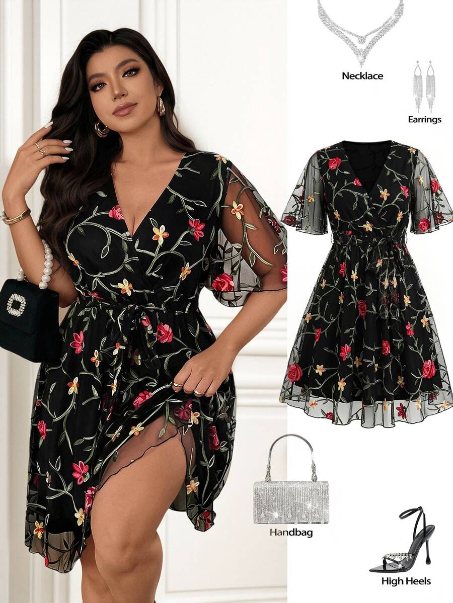 Femmeverse Plus Size Women's Sheer Embroidered Mesh Ruffle Short Sleeve Dress Cocktail Party Black Summer Romantic Celestial - Multicolor - View 1