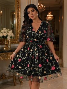 Femmeverse Plus Size Women's Sheer Embroidered Mesh Ruffle Short Sleeve Dress Cocktail Party Black Summer Romantic Celestial - Multicolor - View 3