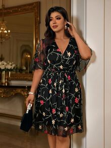 Femmeverse Plus Size Women's Sheer Embroidered Mesh Ruffle Short Sleeve Dress Cocktail Party Black Summer Romantic Celestial - Multicolor - View 7