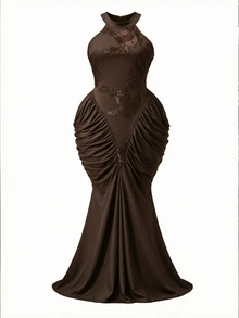Rometta Plus Size Women's Knitted Vintage Brown Halter Neck Tie Embroidered Ruched Bodycon Mermaid Long Dress For Date, Party And Multiple Occasions - Brown - View 8