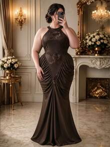 Rometta Plus Size Women's Knitted Vintage Brown Halter Neck Tie Embroidered Ruched Bodycon Mermaid Long Dress For Date, Party And Multiple Occasions - Brown - View 1