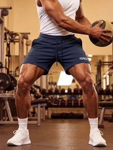 OTTIMOZO Men's Letter Print Drawstring Waist Pocket Sports Shorts, Gym,Baggy,Workout,Jogging ,Brands,Running,Sport , - Navy Blue - View 6