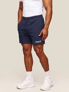 OTTIMOZO Men's Letter Print Drawstring Waist Pocket Sports Shorts, Gym,Baggy,Workout,Jogging ,Brands,Running,Sport , - Navy Blue - View 3