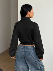 Coolane Women's Fall/Winter Street Avant-Garde Retro Equestrian Style Punk Napoleon Element Button Decor Zipper Long Sleeve Fitted Black Sweatshirt - Black - View 7