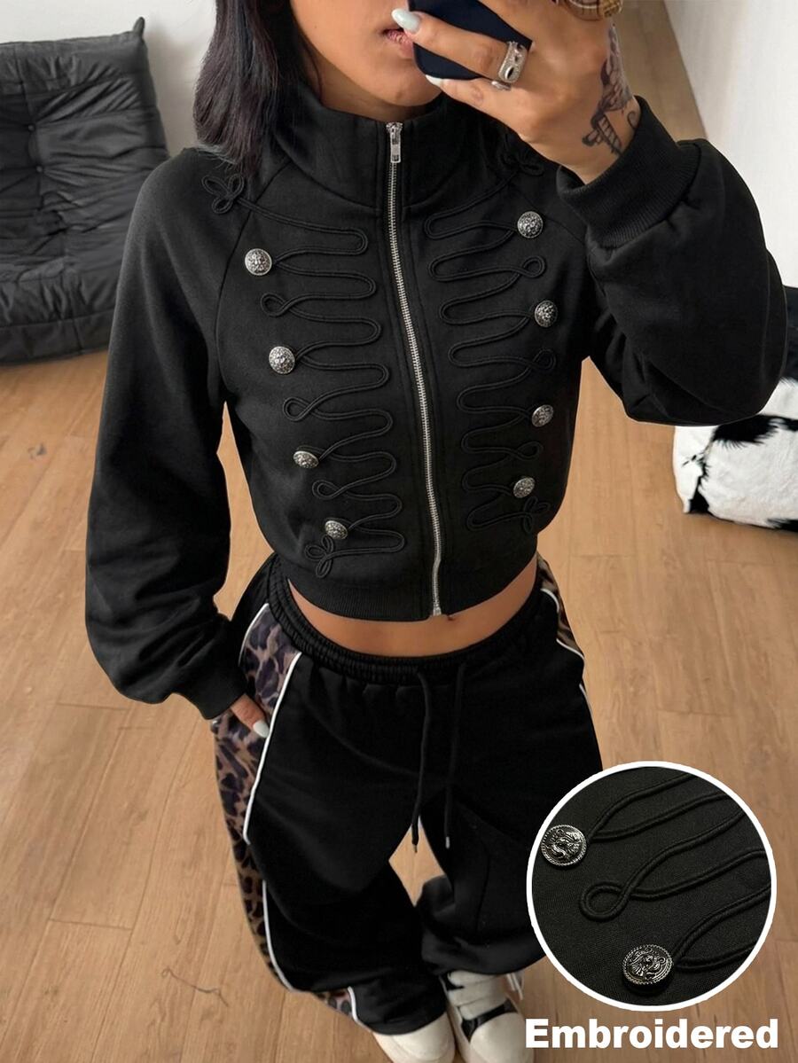 Coolane Women's Fall/Winter Street Avant-Garde Retro Equestrian Style Punk Napoleon Element Button Decor Zipper Long Sleeve Fitted Black Sweatshirt