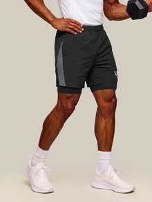 OTTIMOZO Men's Letter Print Double Layer Sports Compression Shorts, Gym - Black - View 3