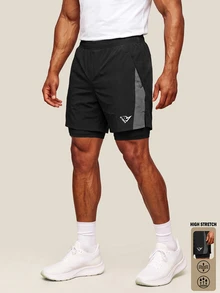 OTTIMOZO Men's Letter Print Double Layer Sports Compression Shorts, Gym - Black - View 1