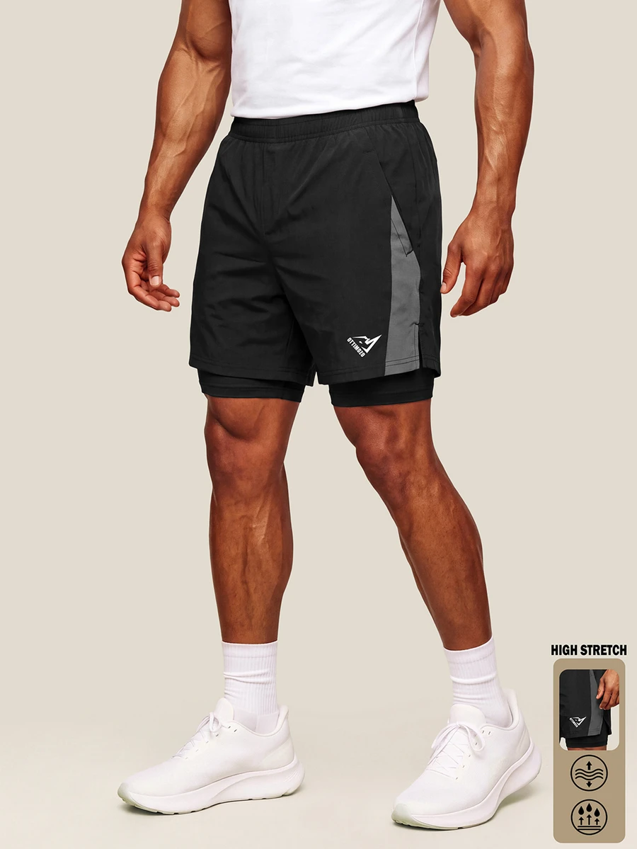 OTTIMOZO Men's Letter Print Double Layer Sports Compression Shorts, Gym - Black - View 1