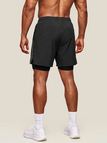 OTTIMOZO Men's Letter Print Double Layer Sports Compression Shorts, Gym - Black - View 2