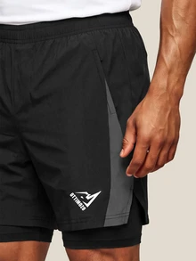 OTTIMOZO Men's Letter Print Double Layer Sports Compression Shorts, Gym - Black - View 4